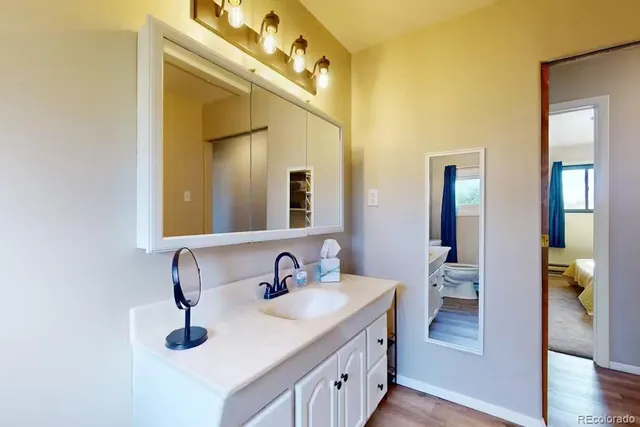 a bathroom with a sink and a mirror