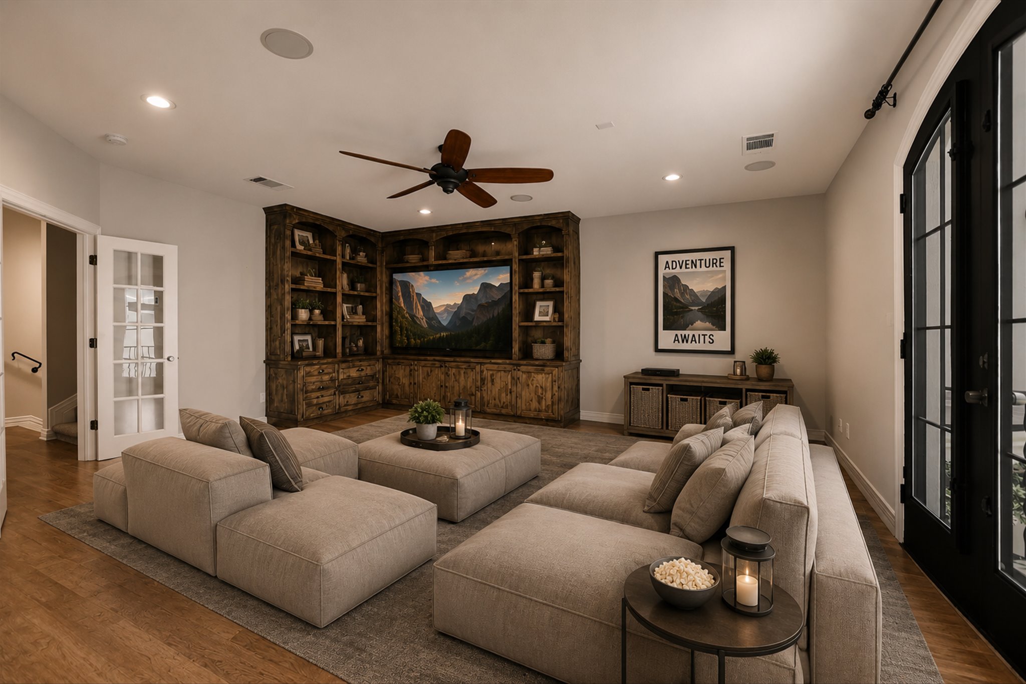 1910 Rue De St Tropez, Unit 4 Austin, TX 78746 - Photo 4 of 27 Integrated entertainment center with rustic wood-finish cabinetry, built-in shelving, and recessed lighting
