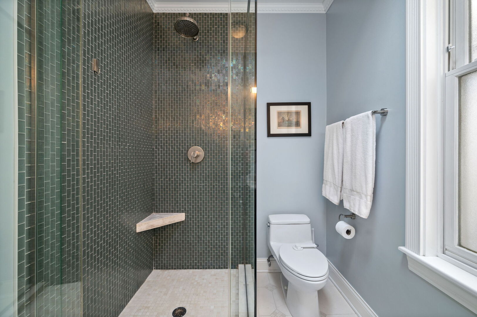 1213 North Paulina Street Chicago, IL 60622 - Photo 20 of 40 a bathroom with a granite countertop toilet and a shower