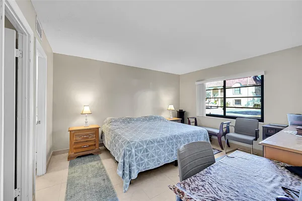 a bedroom with a bed and a table in it