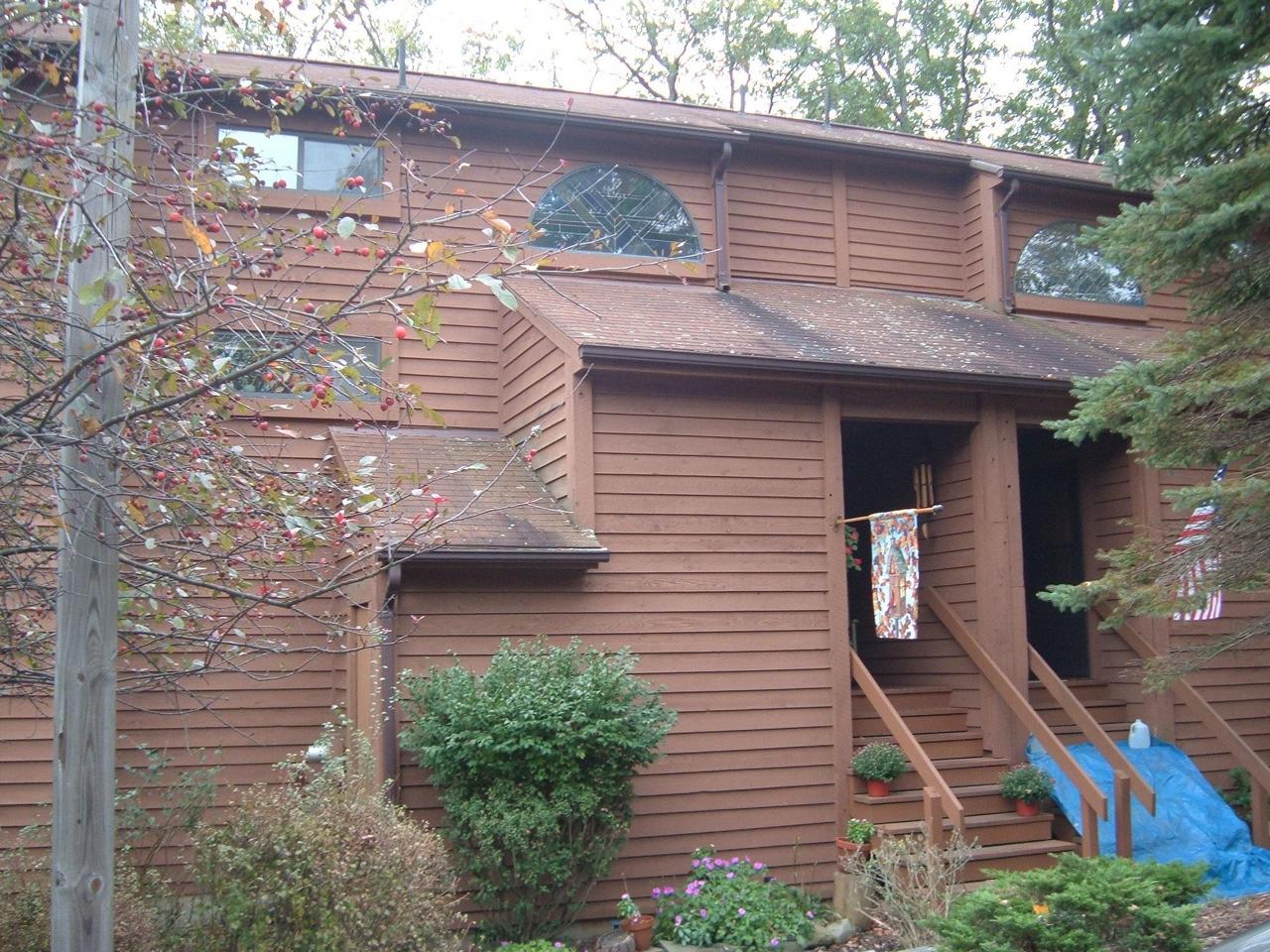 a front view of a house with plants