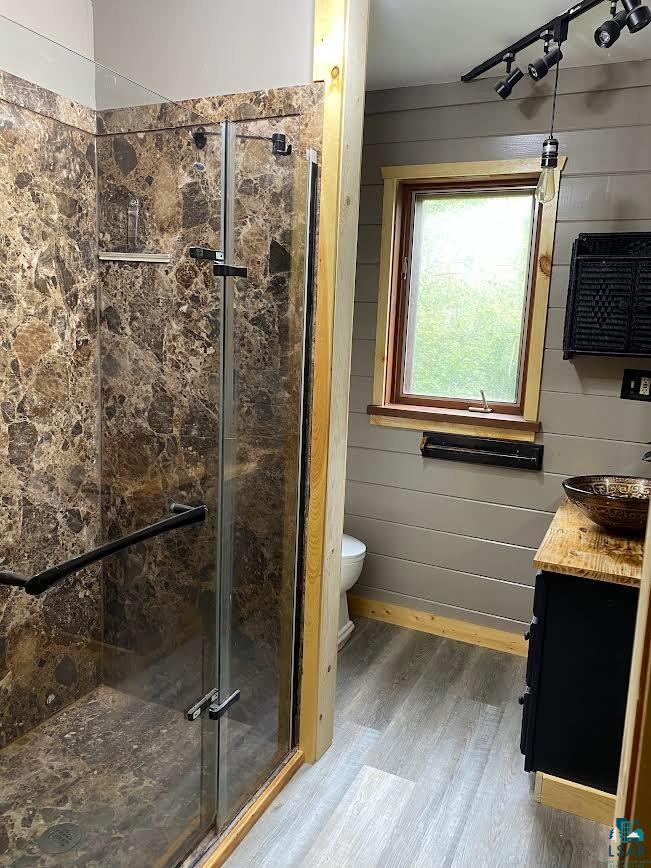 1896 Echo Trail Ely, MN 55731 - Photo 6 of 20 Bathroom featuring wood walls, vanity, a shower stall, and wood finished floors