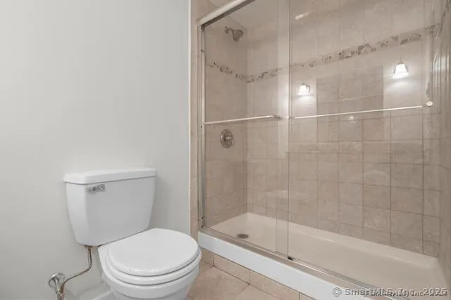 a bathroom with a shower a toilet and a glass window