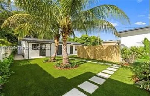 a garden with trees in front of it