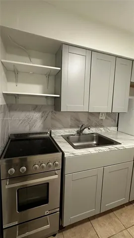 a kitchen with a stove and a sink
