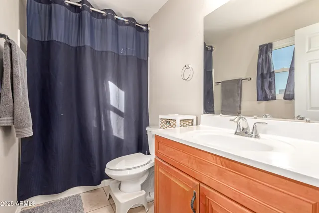 a bathroom with a sink a toilet a mirror and shower curtain