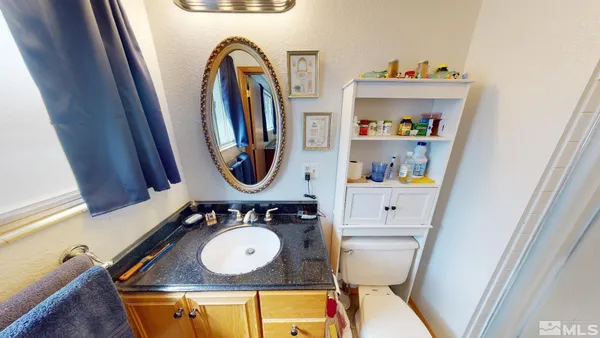 a bathroom with a toilet mirror vanity and a sink