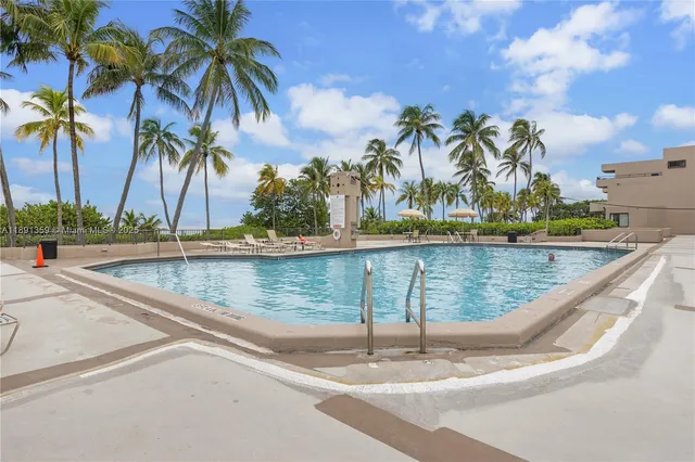 a view of a swimming pool with a bench and palm trees