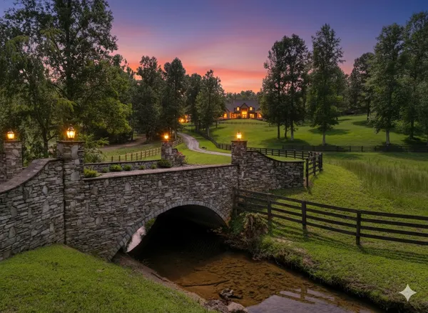 a view of a big house with a big yard and potted plants and large trees