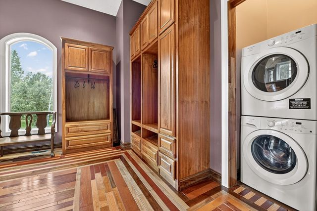 a view of a park with large trees