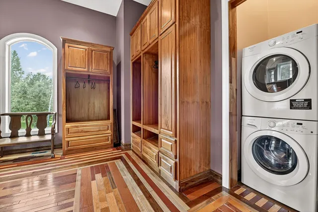 a view of a park with large trees