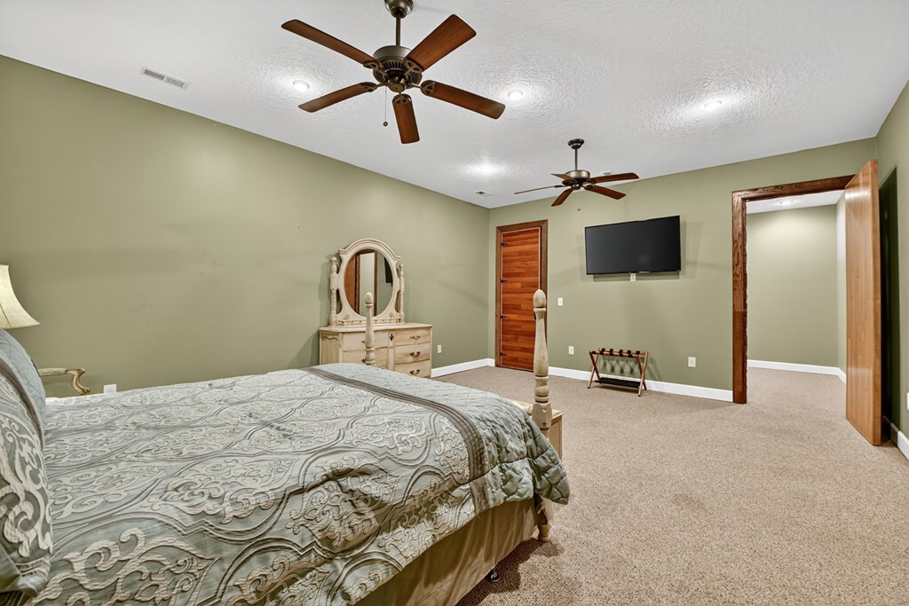 280 Star Creek Crossing Morganton, GA 30560 - Photo 67 of 100 a spacious bedroom with a bed a flat screen tv and a chandelier