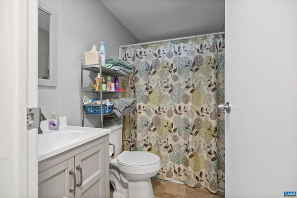 a bathroom with a sink toilet and shower curtain