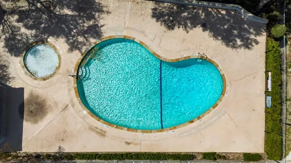 a view of a swimming pool with a garden