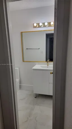 a bathroom with a sink a toilet and mirror