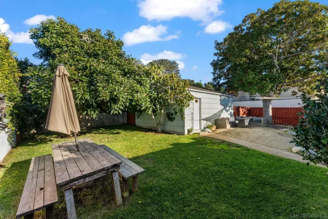 a view of backyard with swimming pool and slide