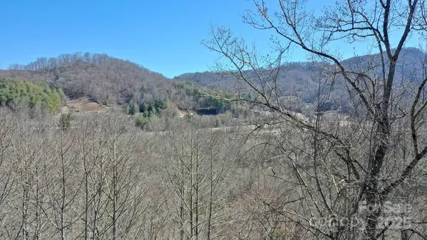 a view of a dry yard with mountains in the background