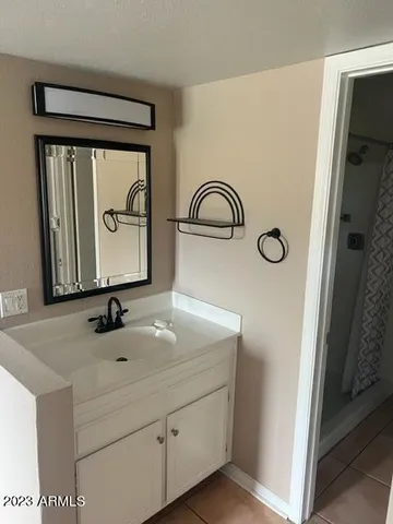 a bathroom with a sink and a mirror