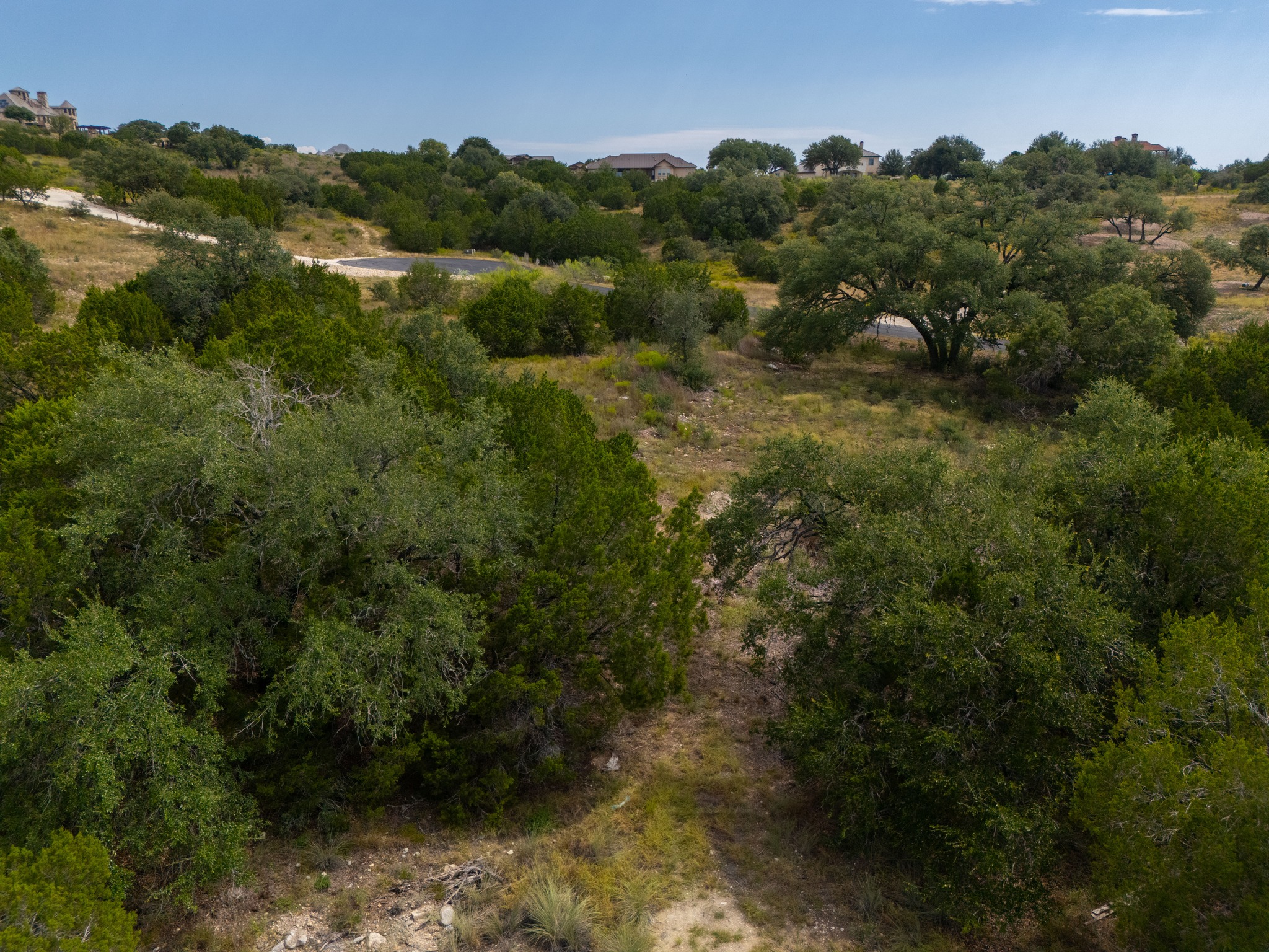 115 Upper River Place Spring Branch, TX 78070 - Photo 19 of 19 Mature trees and native vegetation cover this rolling hillside property under a clear blue sky.