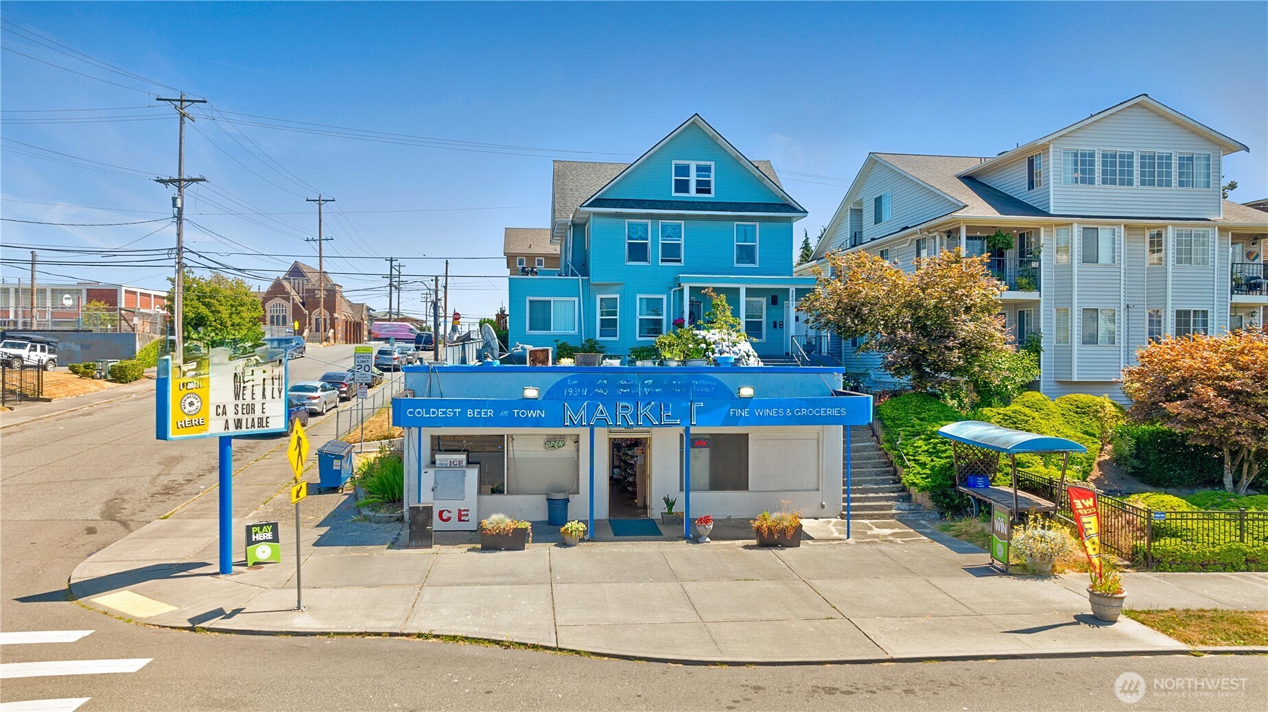 a front view of a building with street