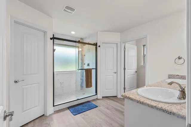 a bathroom with a granite countertop sink shower and a mirror