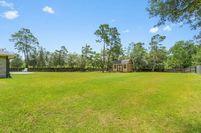 a view of a green field with trees in the background