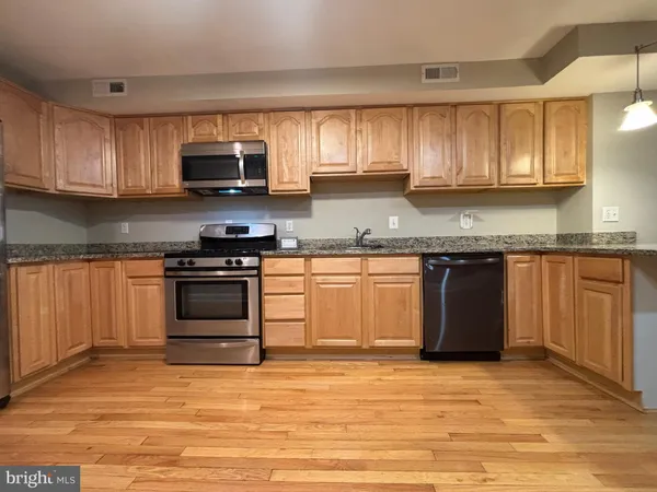 a kitchen with stainless steel appliances granite countertop a stove a sink dishwasher and a microwave oven with cabinets