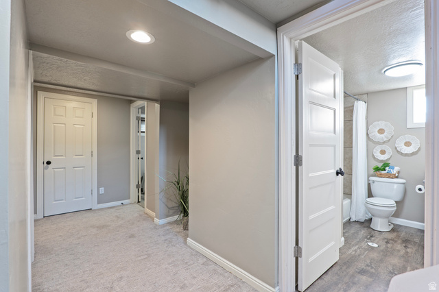 115 East 1600th Street North Santaquin, UT 84655 - Photo 22 of 52 Hallway featuring light gray carpet, recessed lighting, and a white four-panel door