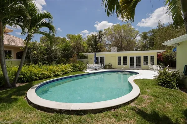 a view of a swimming pool with back yard