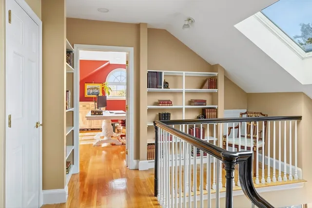 a view of staircase with black and white walls