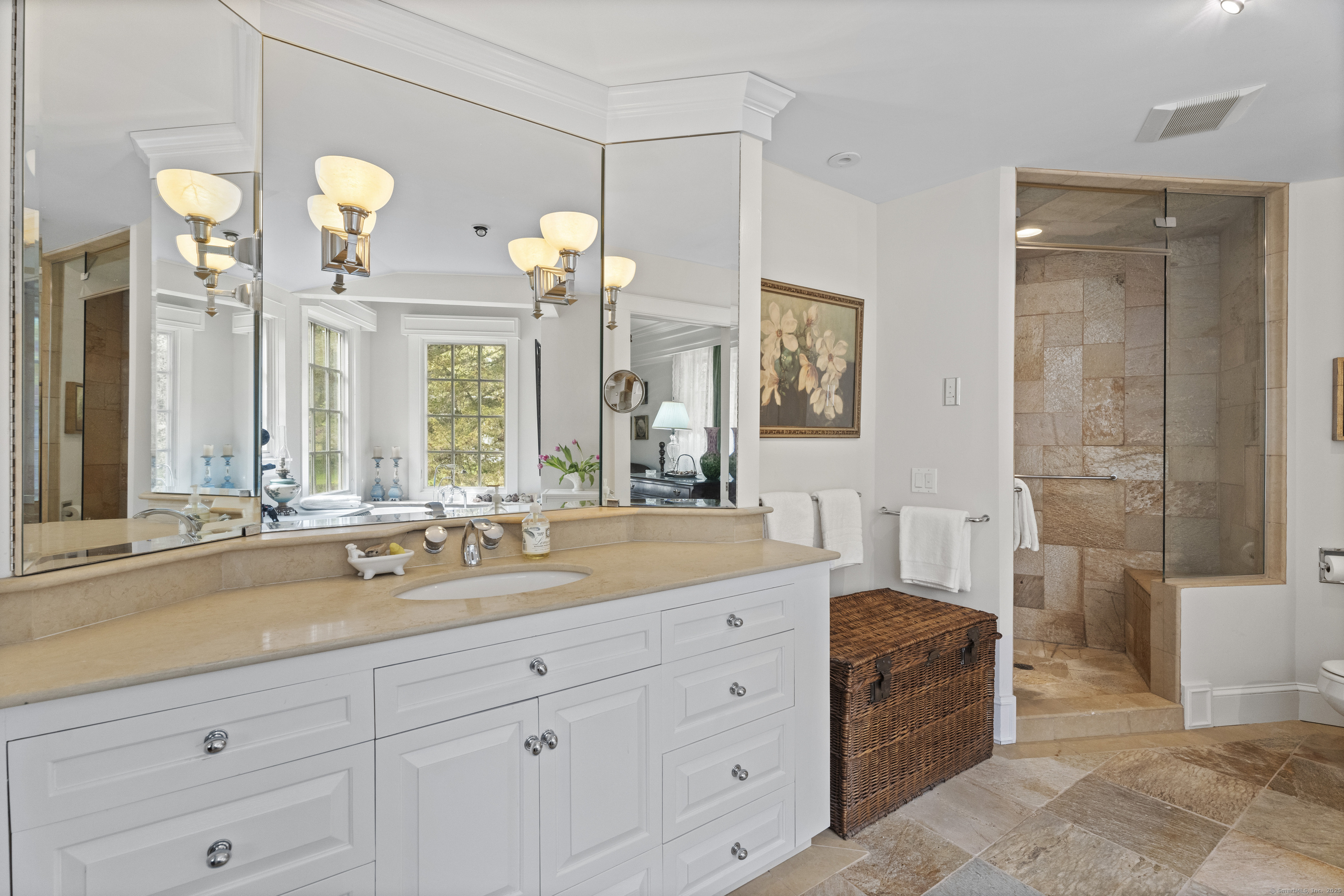 38 Three Bridges Road East Haddam, CT 06423 - Photo 18 of 39 a spacious bathroom with a double vanity sink a mirror a bathtub and a shower