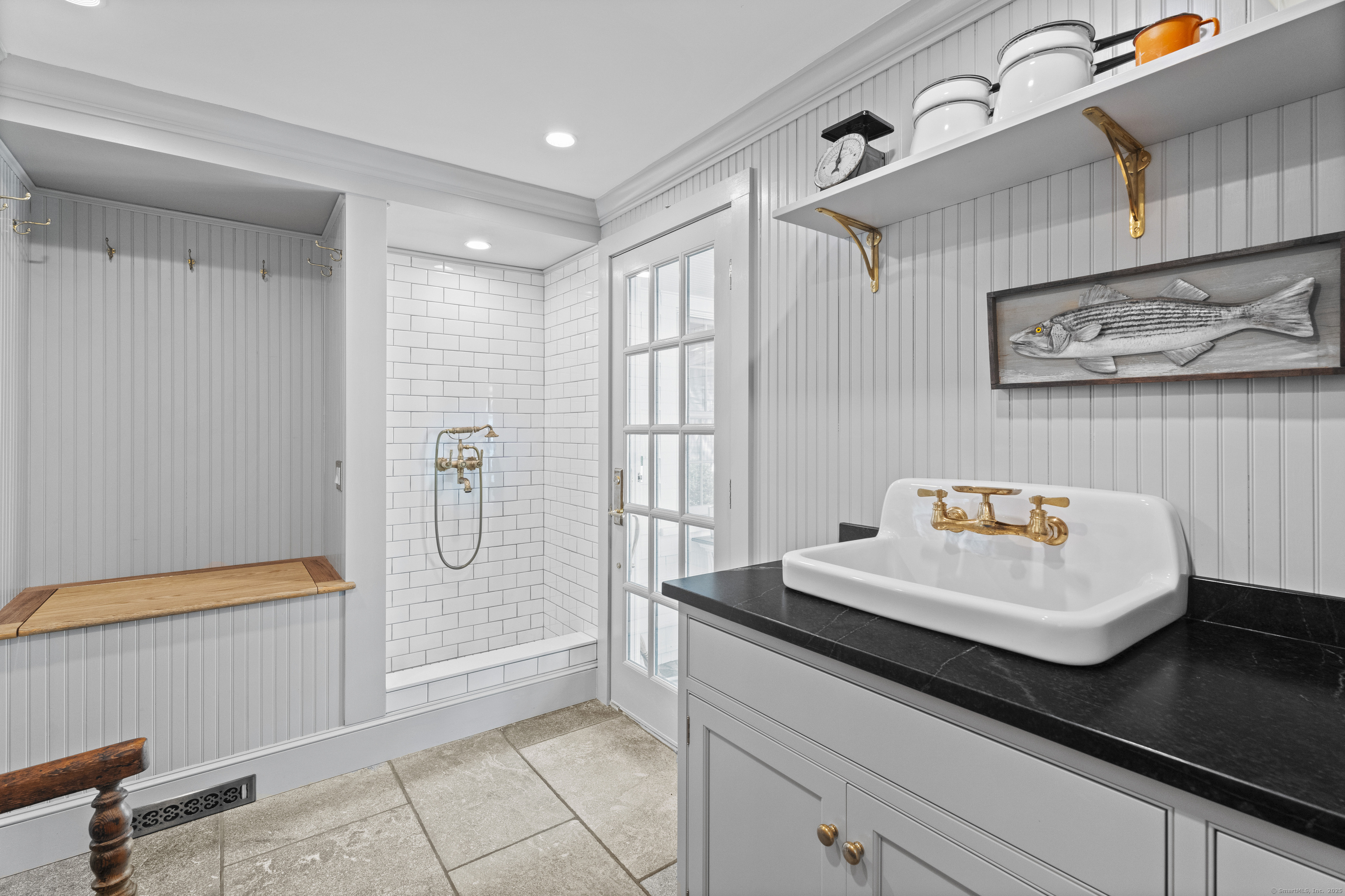 38 Three Bridges Road East Haddam, CT 06423 - Photo 8 of 39 a bathroom with a granite countertop sink a mirror and shower