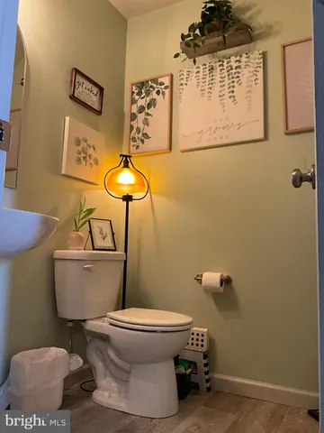 a bathroom with a sink a toilet and shower curtain