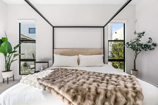 a bedroom with a large bed and a potted plant