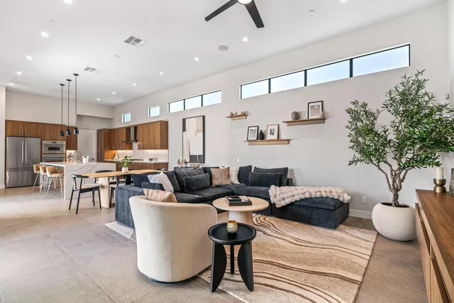 a living room with furniture and a potted plant