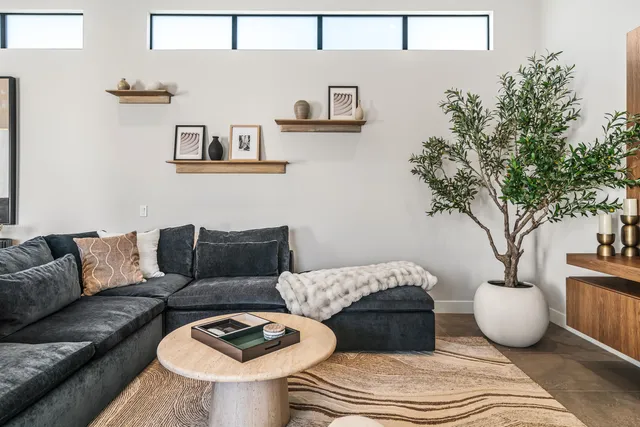 a living room with furniture and a potted plant