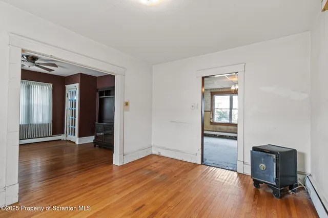 a garage with table and chairs