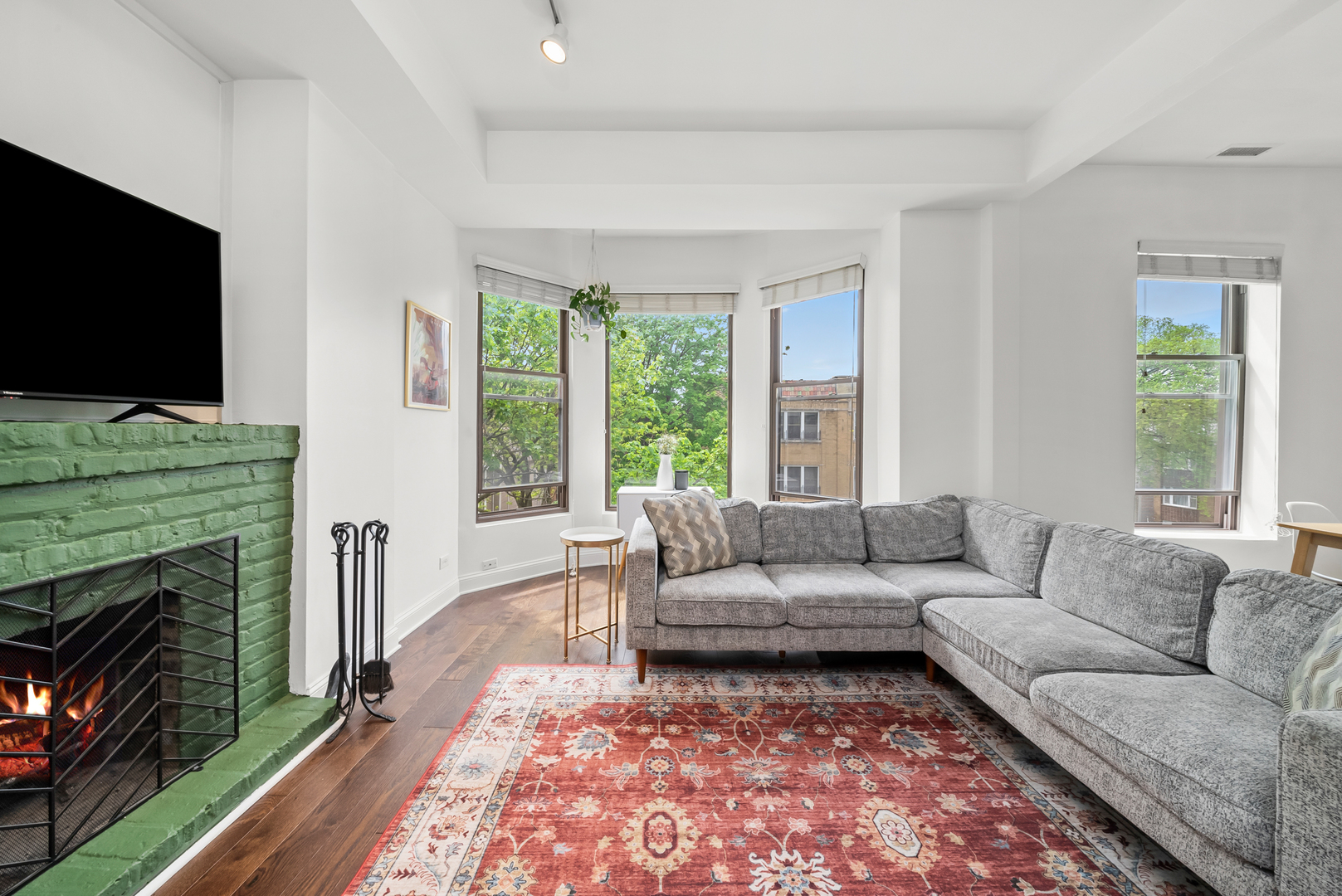 3055 North Seminary Avenue, Unit 3S Chicago, IL 60657 - Photo 4 of 23 a living room with furniture a flat screen tv and a fireplace