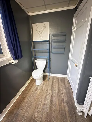a bathroom with a toilet and a hardwood