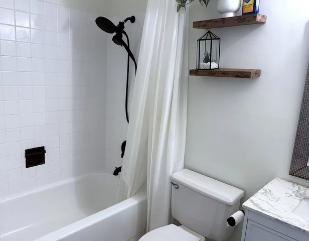 a bathroom with a shower and a toilet