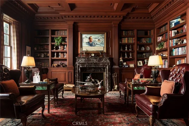 a living room with furniture a bookshelf and a fireplace