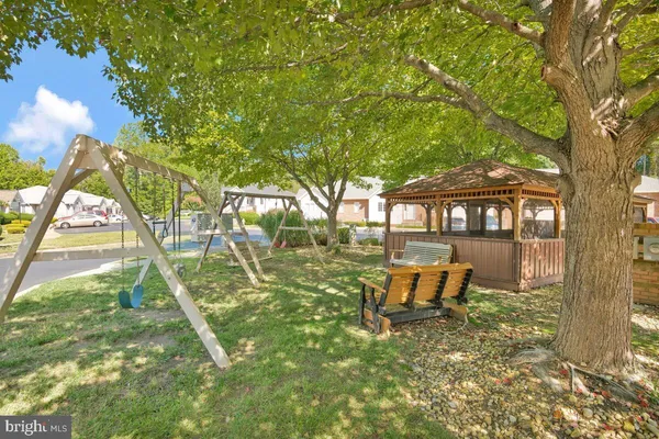 a backyard of a house with table and chairs