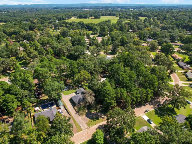 an aerial view of residential houses with outdoor space and trees
