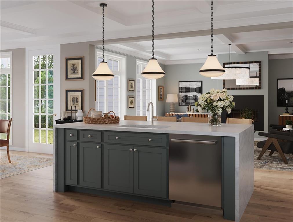 102 Ramsgate Road, Unit WARRINGTON Cranberry Township, PA 16066 - Photo 19 of 42 a kitchen with center island wooden floor and a chandelier