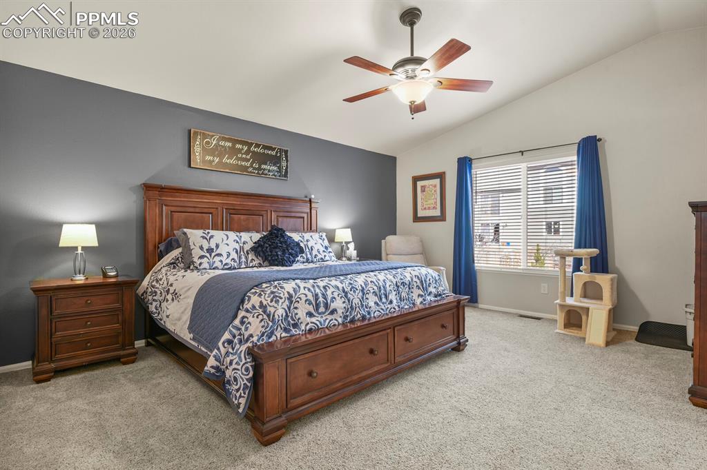 3265 Flying Horse Road Colorado Springs, CO 80922 - Photo 23 of 43 Primary Bedroom with vaulted ceilings