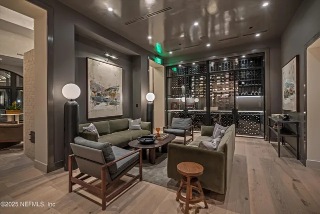 a view of an outside dining space with furniture