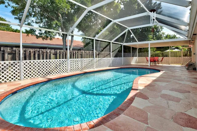a view of a swimming pool with a garden