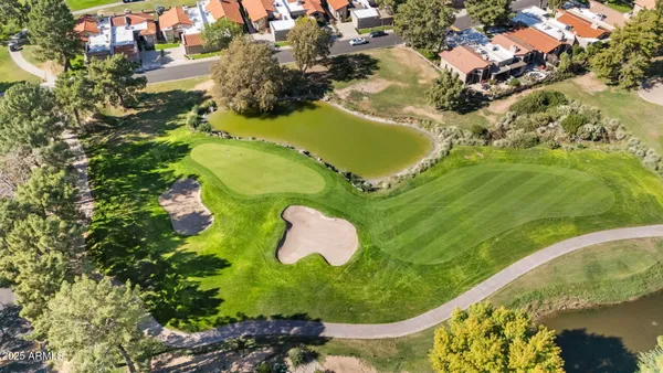 a view of a swimming pool with a yard and plants