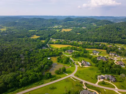 an aerial view of residential houses with outdoor space and trees
