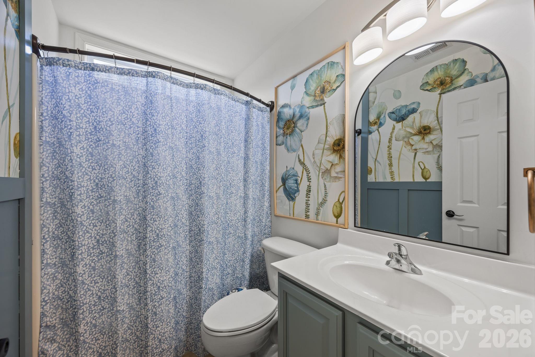 244 Running Briar Road Fletcher, NC 28732 - Photo 33 of 45 a bathroom with a granite countertop sink a toilet and shower curtain